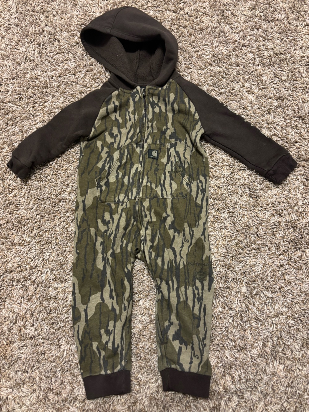 Carhartt Olive Camo Infant Coverall with Dark Brown Sleeves